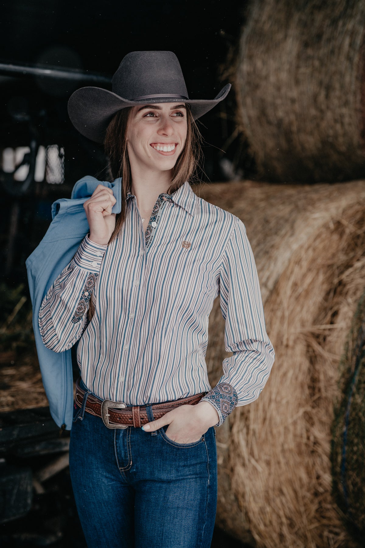 'Teeter' Women's Long Sleeve Stripe CINCH Button Up (2 L ONLY)