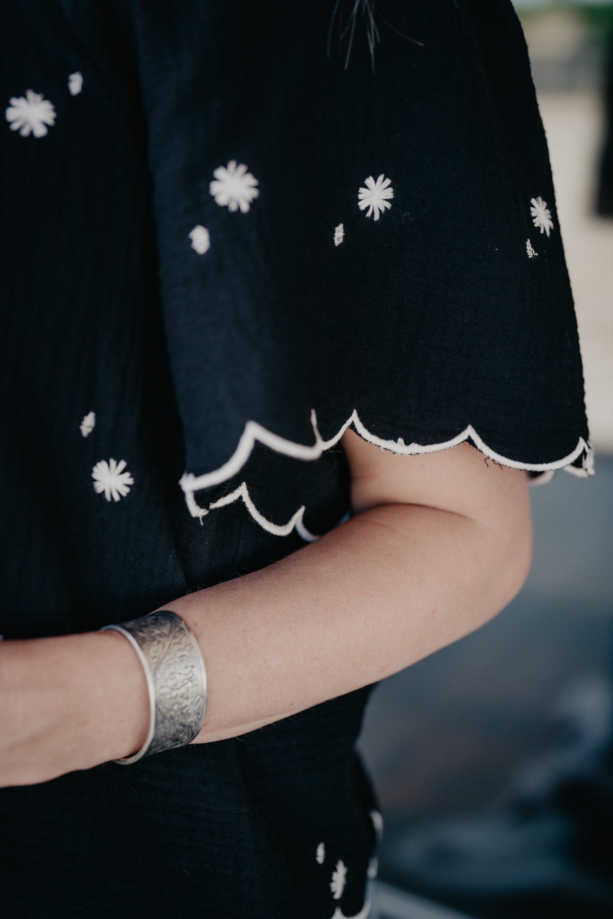 'Blossom' Floral Embroidered Black Square Neck Top (S-L)