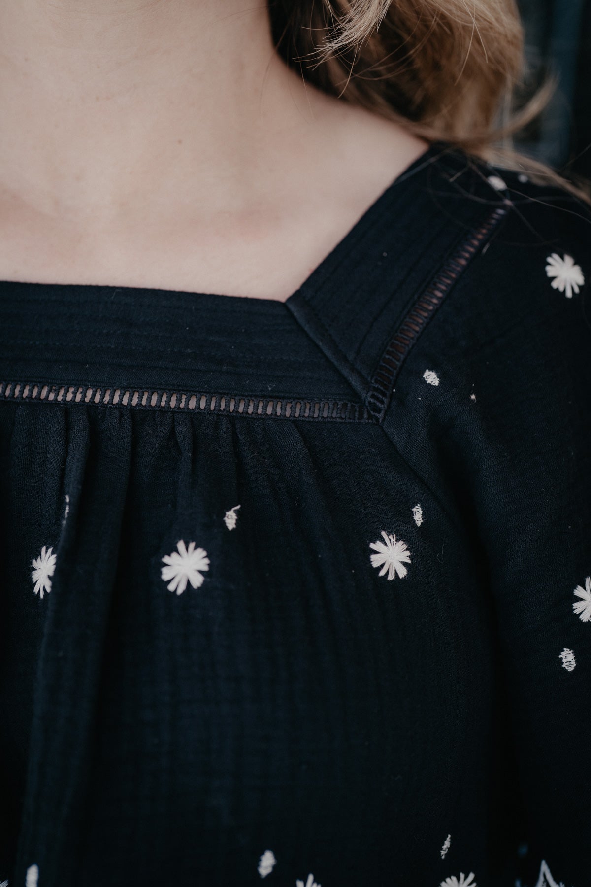 'Blossom' Floral Embroidered Black Square Neck Top (S-L)