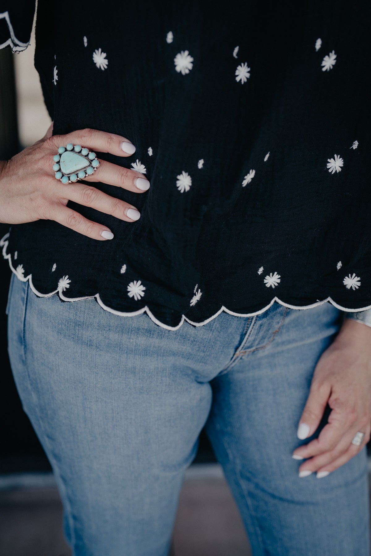 'Blossom' Floral Embroidered Black Square Neck Top (S-L)