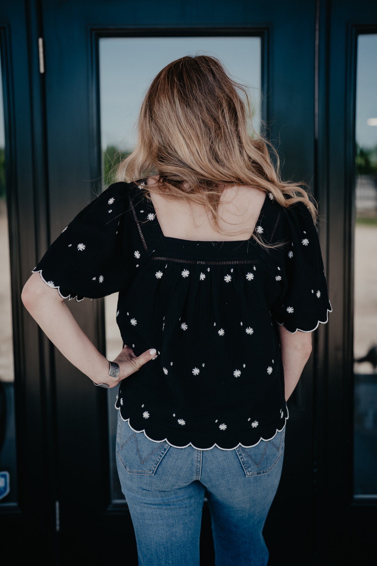 'Blossom' Floral Embroidered Black Square Neck Top (S-L)