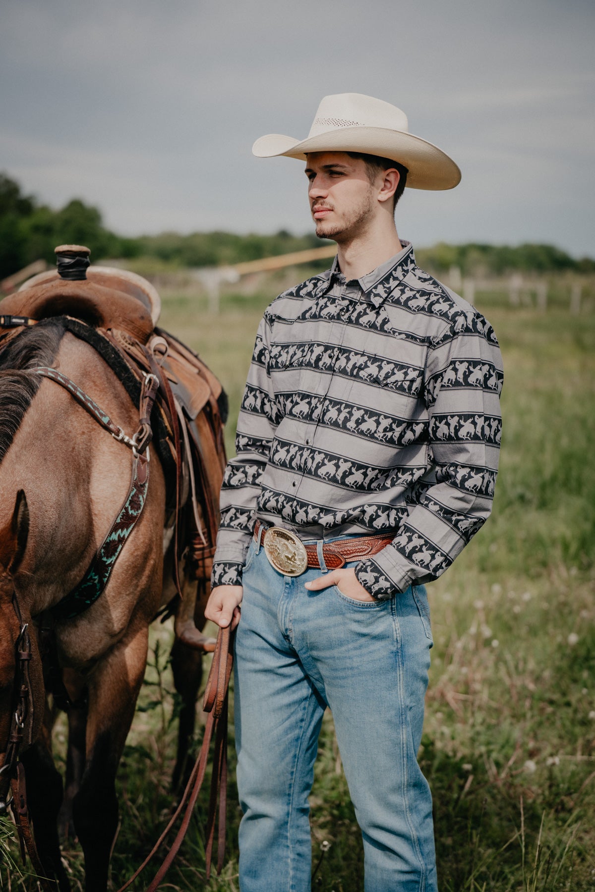 Men's Grey Rodeo Stripe Roper Vintage Pearl Snap (M, L & 2XL ONLY)