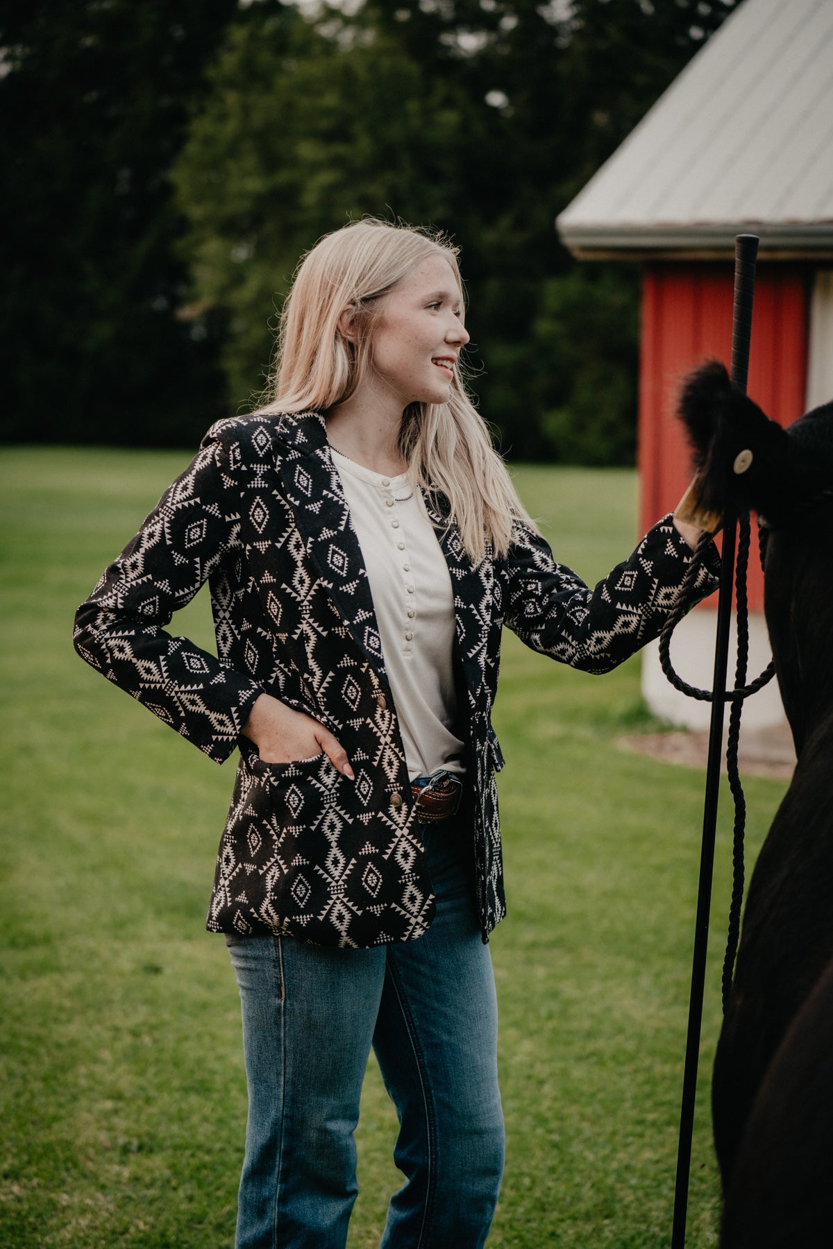 'Azlyn' Black Aztec Woven Blazer with Concho Buttons