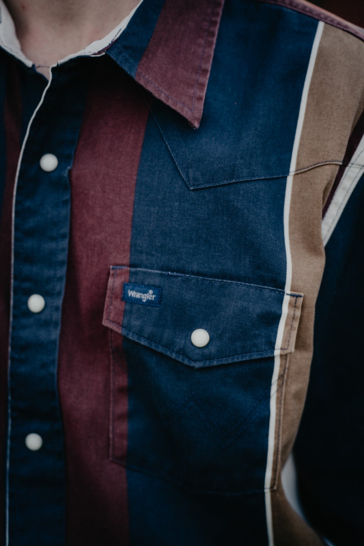 'Rustler' Men's Retro Navy/Burgundy/Tan & Cream Long Sleeve Pearl Snap by Wrangler