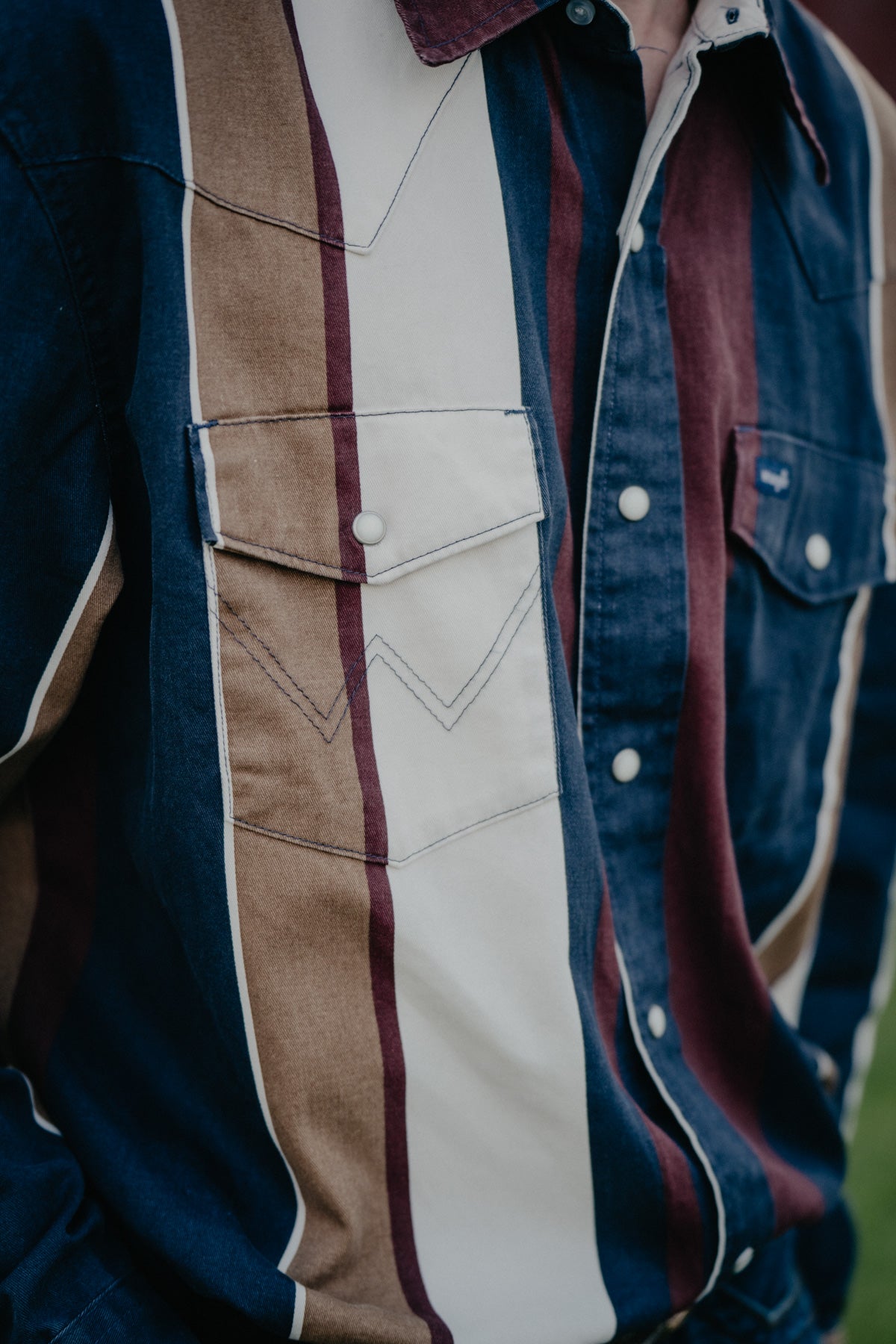 'Rustler' Men's Retro Navy/Burgundy/Tan & Cream Long Sleeve Pearl Snap by Wrangler