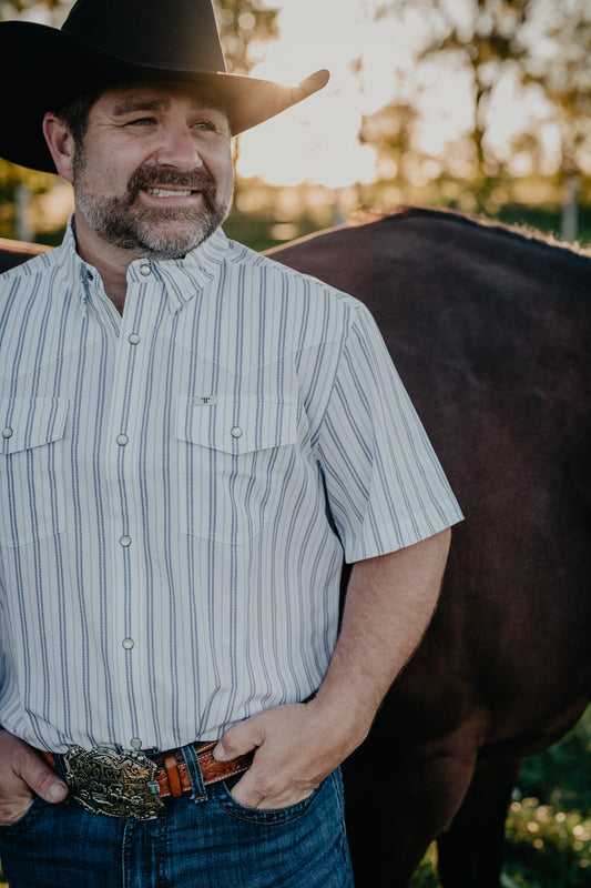'Jack' Men's Short Sleeve Blue & White Striped Pearl Snap by Ferrell
