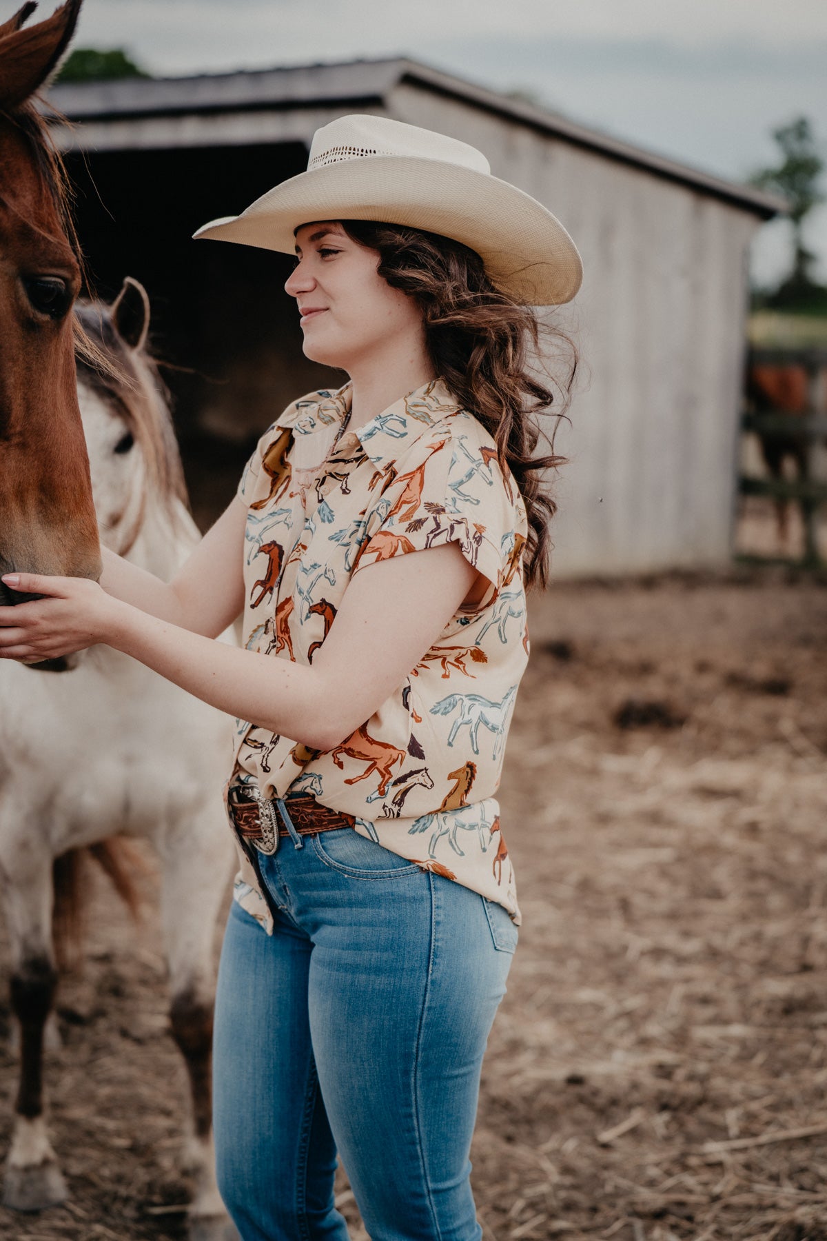 'Lucie' Wild Horses Short Sleeve Collared Shirt (S, M, L Only)