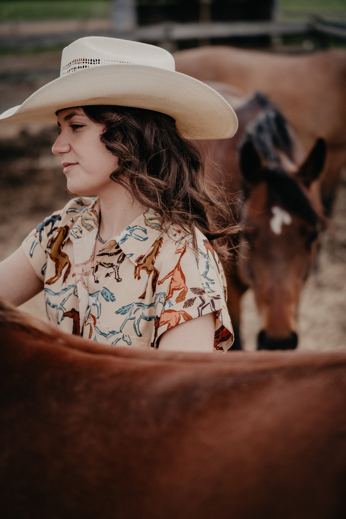 'Lucie' Wild Horses Short Sleeve Collared Shirt (S, M, L Only)