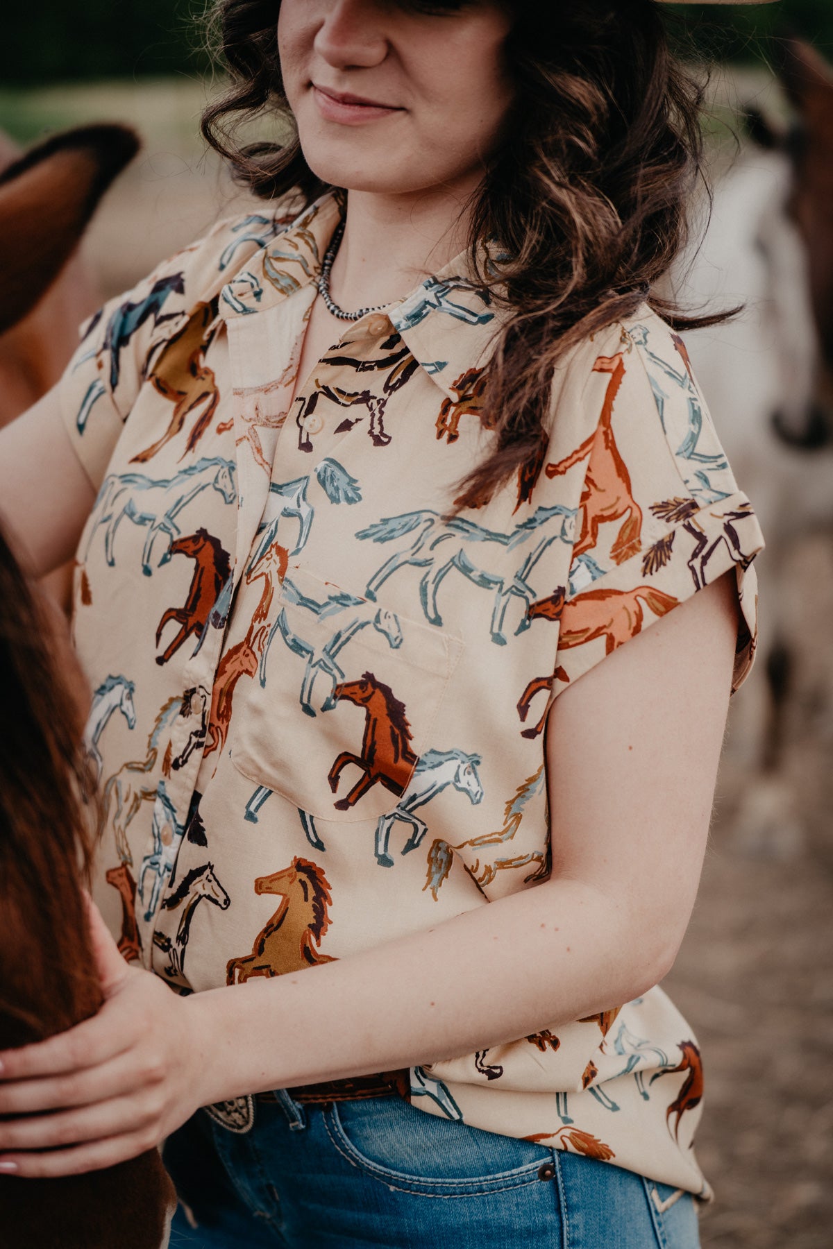 'Lucie' Wild Horses Short Sleeve Collared Shirt (S, M, L Only)