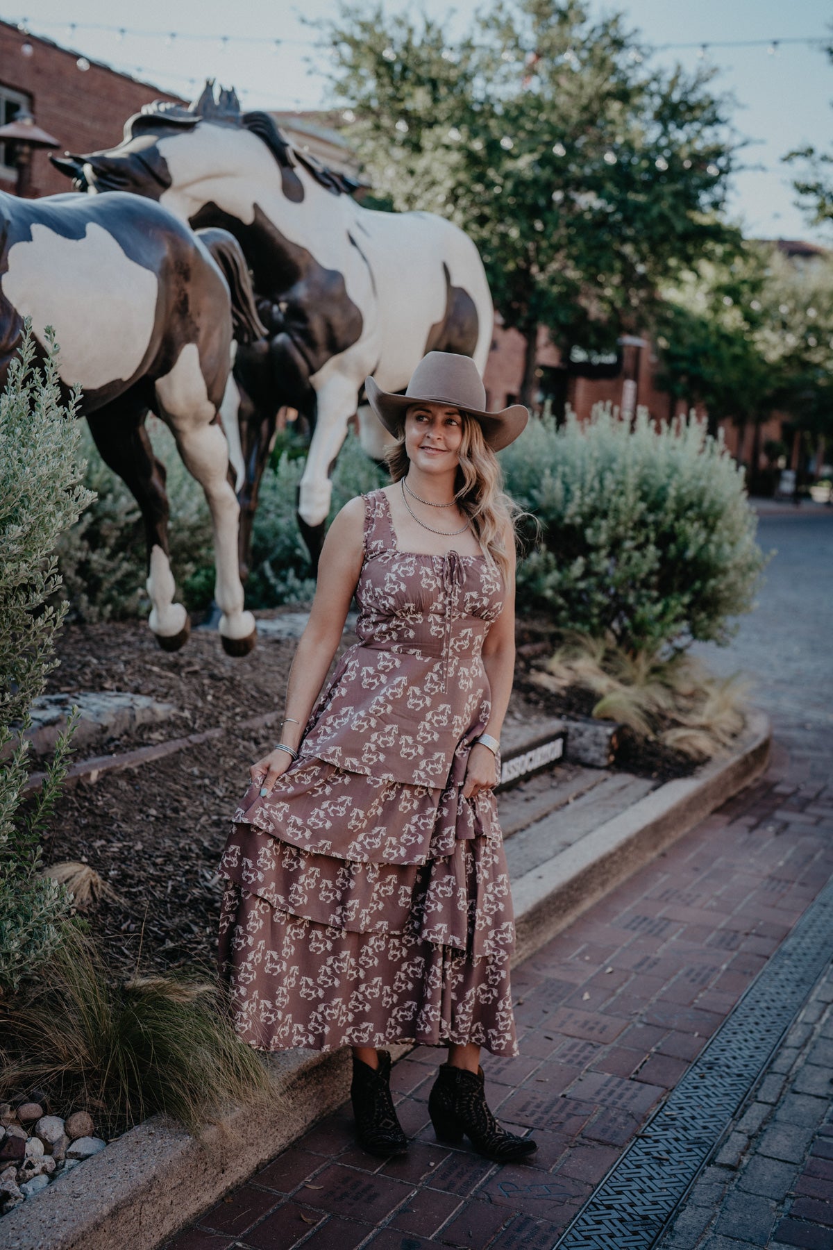 'Jolene' Chocolate Brown Horse Print Tiered Dress by Rock & Roll Denim