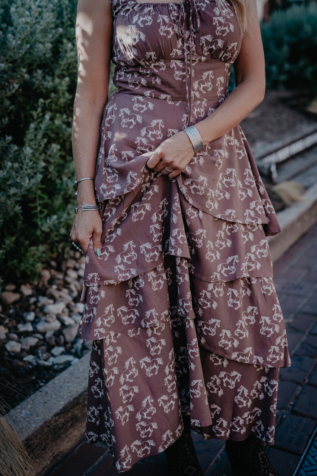 'Jolene' Chocolate Brown Horse Print Tiered Dress by Rock & Roll Denim