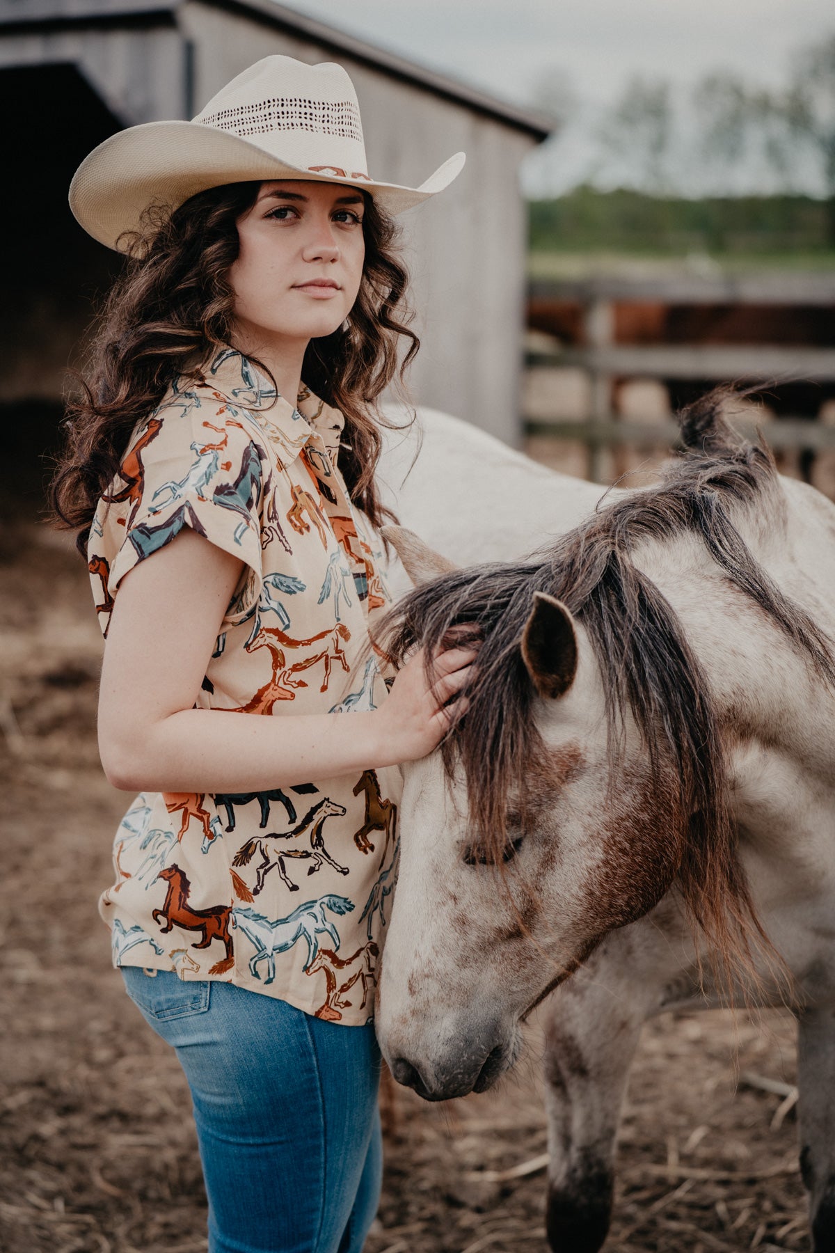 'Lucie' Wild Horses Short Sleeve Collared Shirt (S, M, L Only)