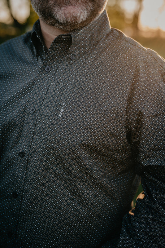 'Hendrix' Men's Blue, Navy & Brown Geometric Modern Fit CINCH Button Down