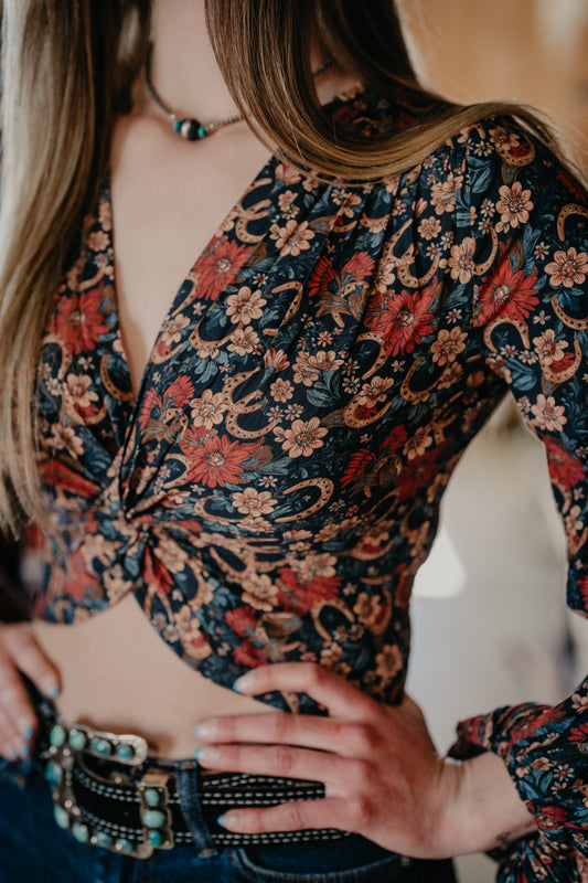 'Wrenley' Floral Horseshoe Front Twist Blouse (XS-XXL)