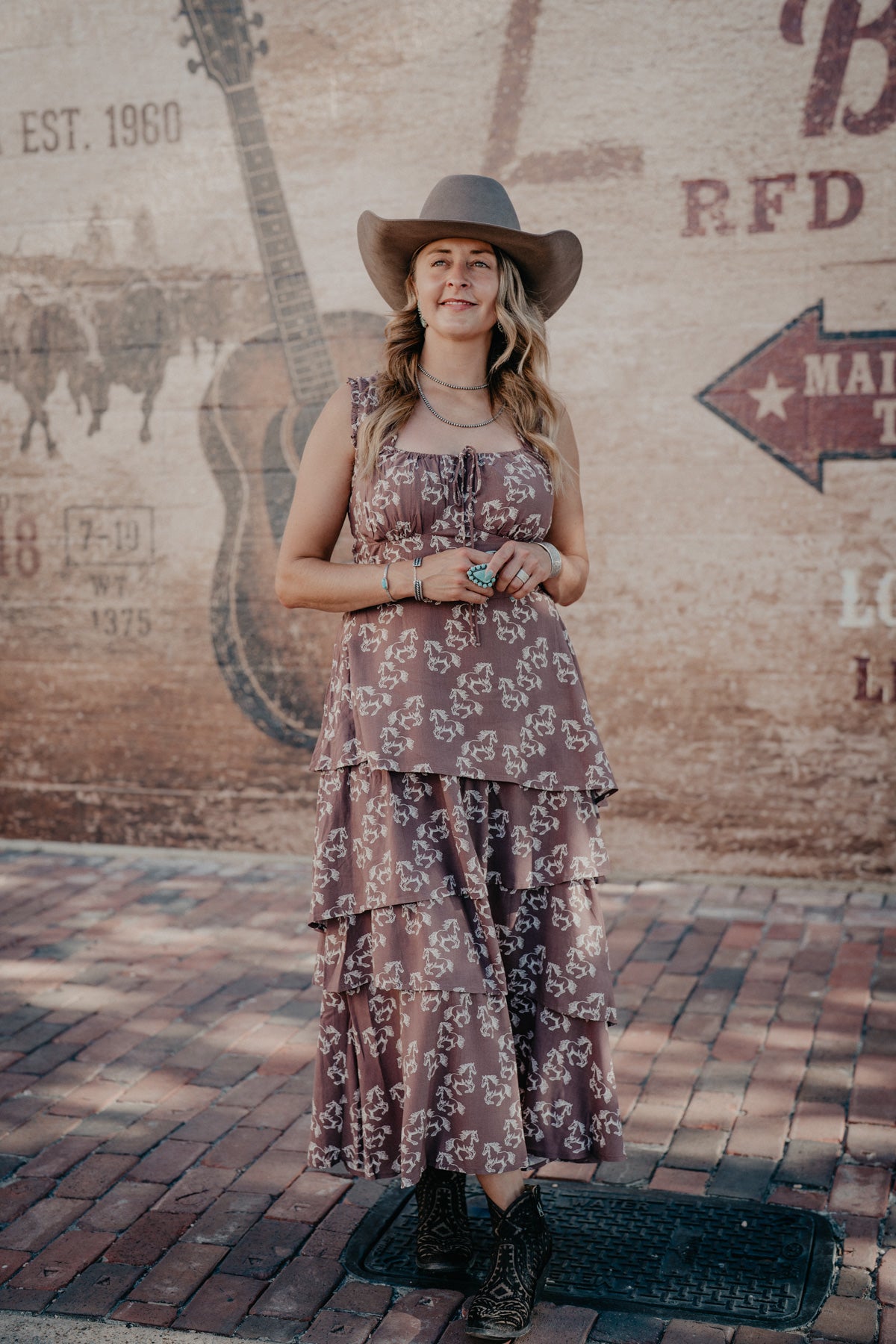 'Jolene' Chocolate Brown Horse Print Tiered Dress by Rock & Roll Denim