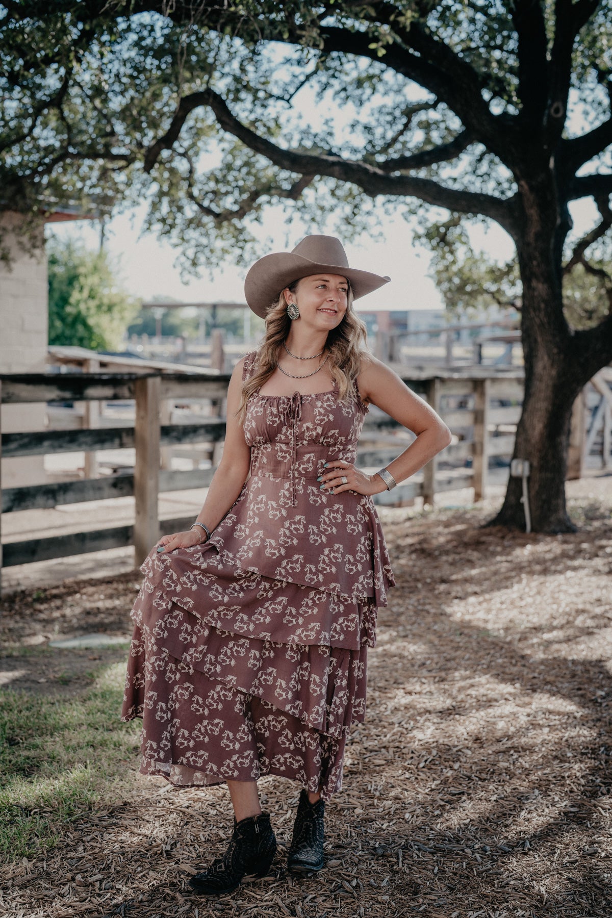 'Jolene' Chocolate Brown Horse Print Tiered Dress by Rock & Roll Denim