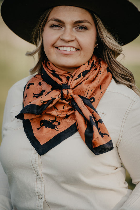 Cowboy Silhouette Printed Silk 42" X-Large Wild Rag (Charcoal & Rust)