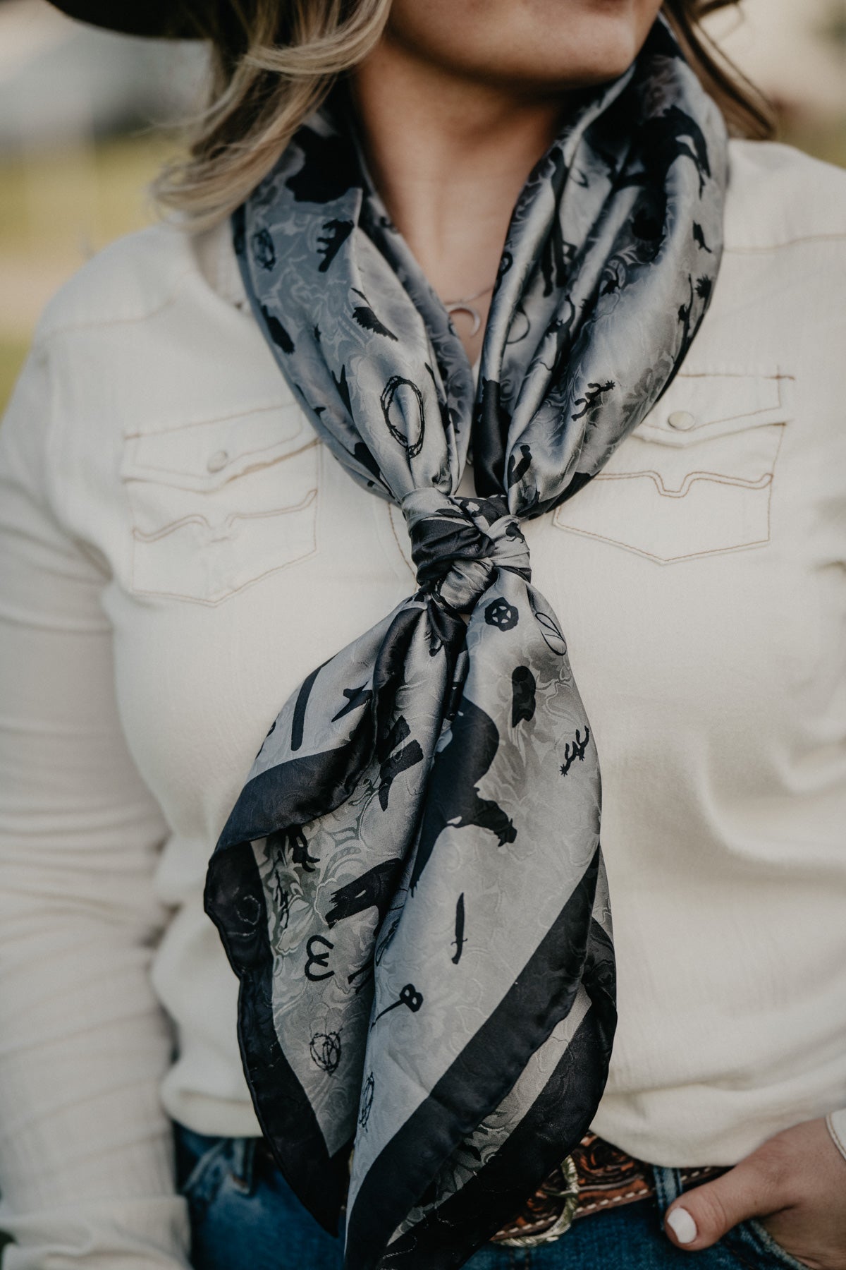 Cowboy Silhouette Printed Silk 42" X-Large Wild Rag (Charcoal & Rust)