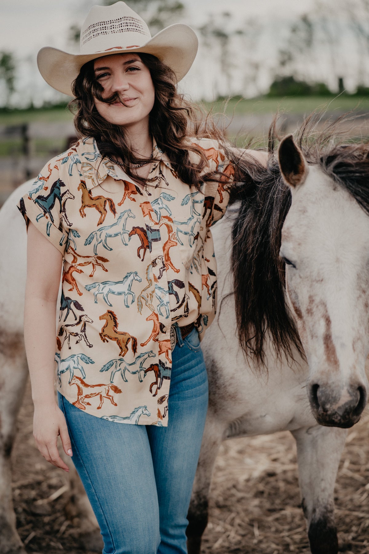 'Lucie' Wild Horses Short Sleeve Collared Shirt (S, M, L Only)