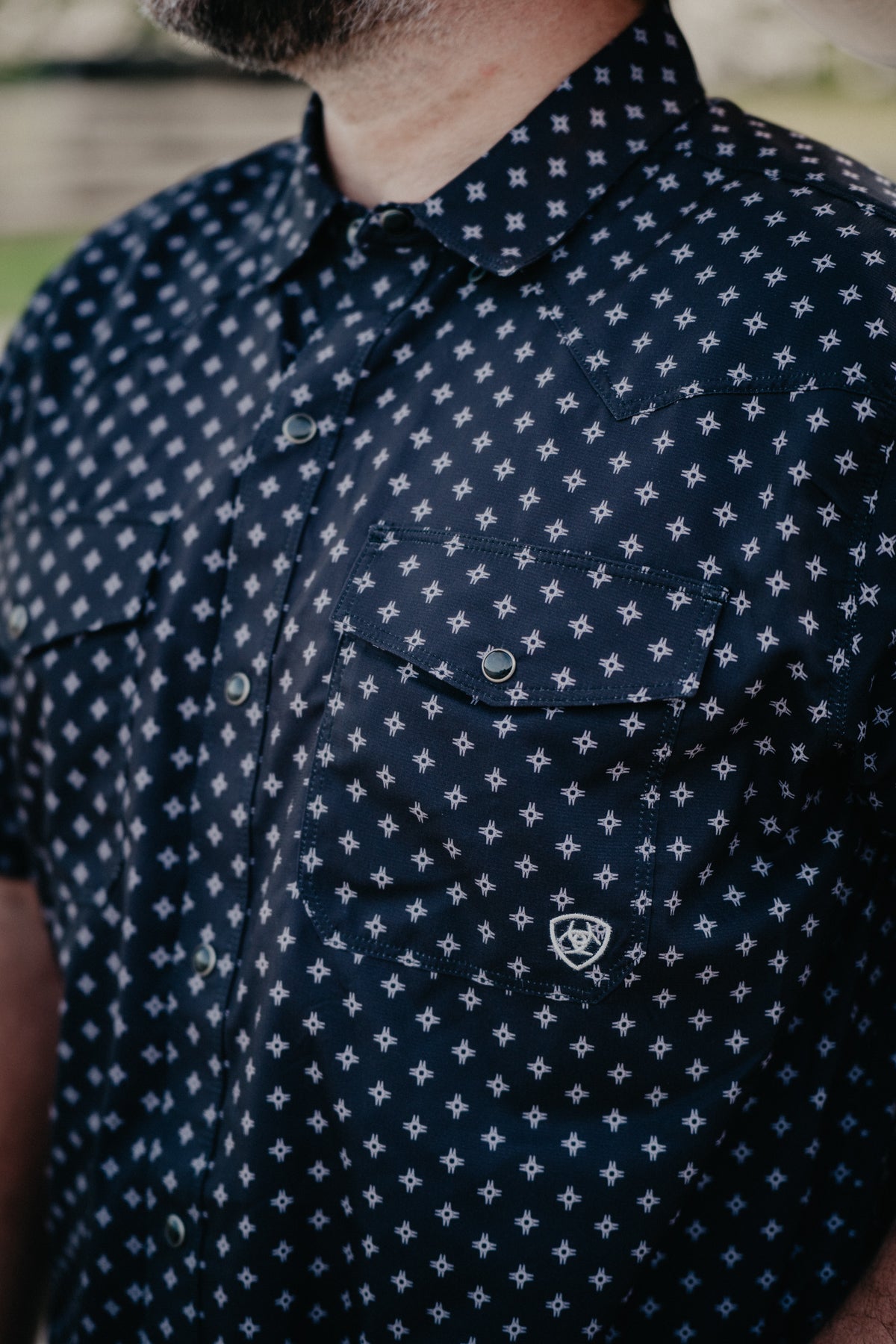 'Zack' Men's Black Geometric Short Sleeve Pearl Snap by Ariat (S-XXL)