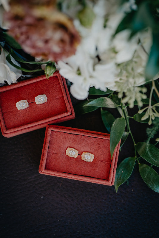 Mini Buckle Earrings with Gem Accent by Spurwest