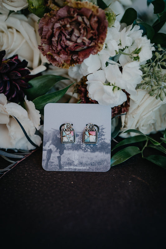 Cotton Candy Square Studs with Floral Detailing