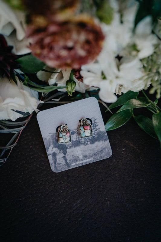 Cotton Candy Square Studs with Floral Detailing