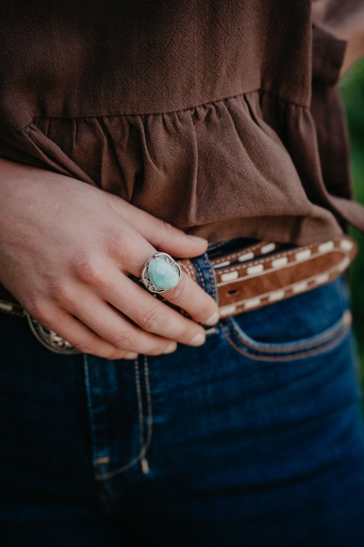 Blue Turquoise Matrix Adjustable Ring with Aztec Band
