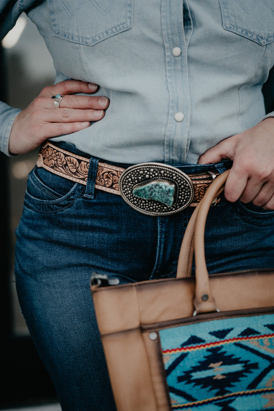 Oval Dot German Silver Buckle with Turquoise Slab by Paige Wallace