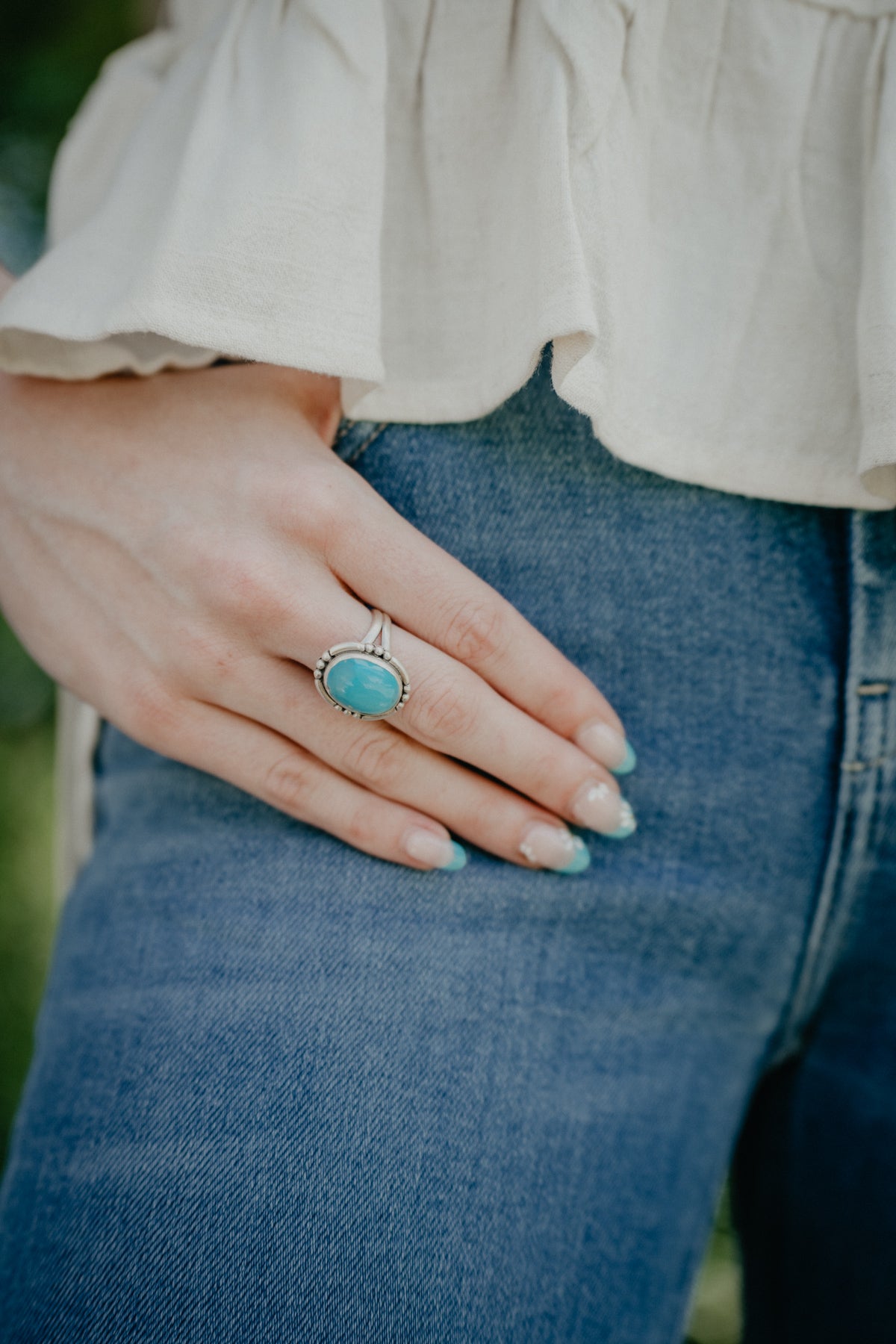 Blue Turquoise Adjustable Ring with Double Band