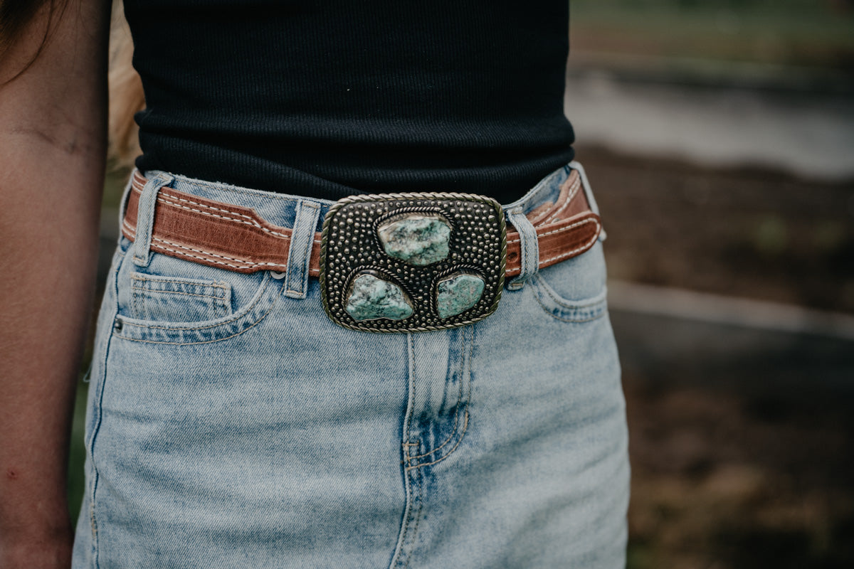 Rectangular German Silver Dot Buckle with 3 Turquoise Slab Stones by Paige Wallace