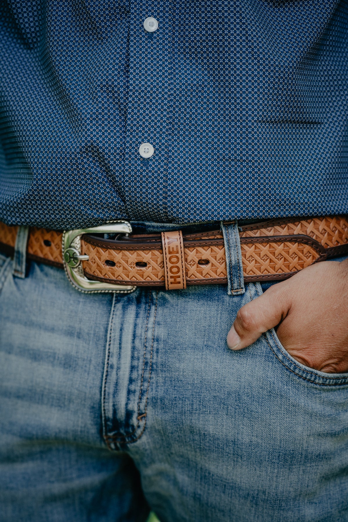 'Hands-Up' Basket Weave Hooey Embossed Natural Leather belt by Hooey (32-44)