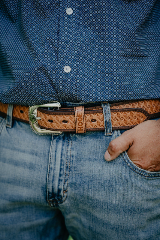 'Hands-Up' Basket Weave Hooey Embossed Natural Leather belt by Hooey (32-44)