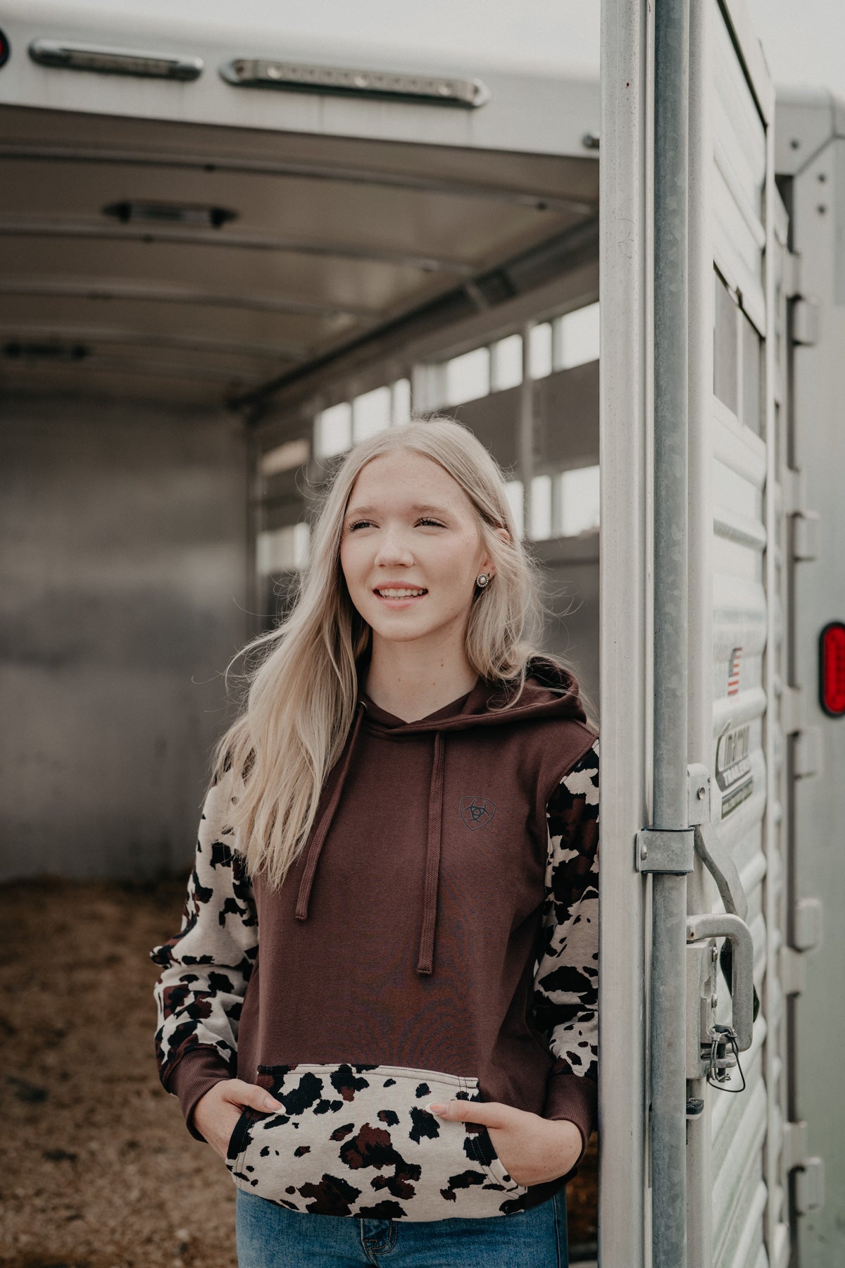 'Carter' Women's Brown Cow Print Hoodie by Ariat