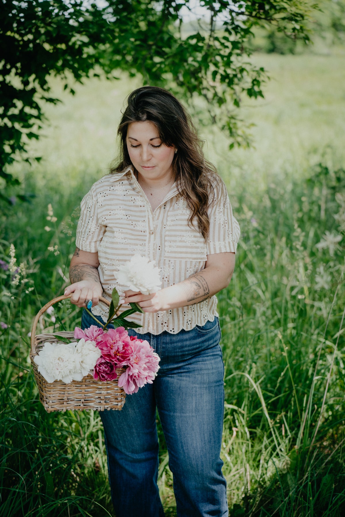 'Cheyanne' Tan Pin Stripe Eyelet Embroidered Top (S-L)