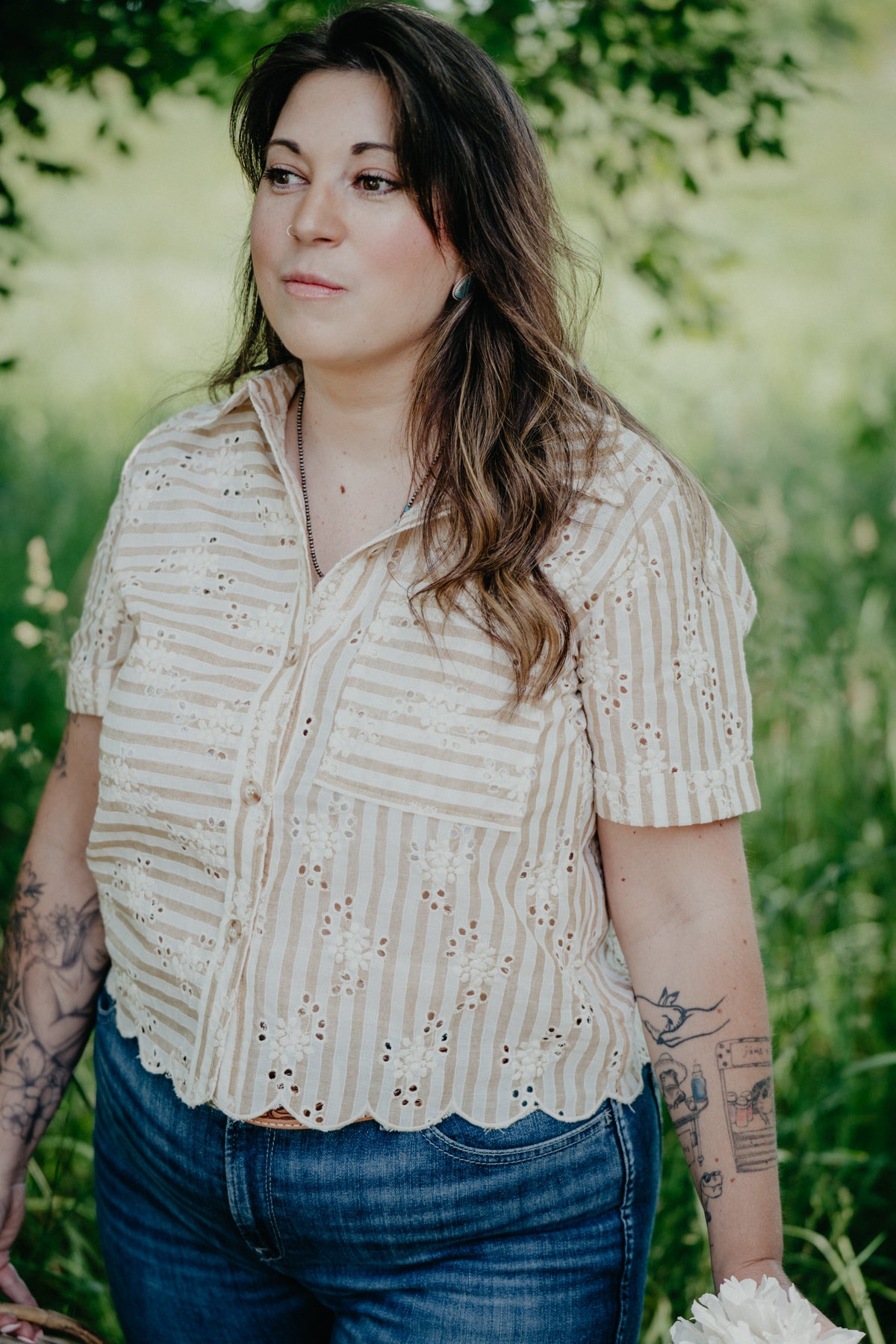 'Cheyanne' Tan Pin Stripe Eyelet Embroidered Top (S-L)