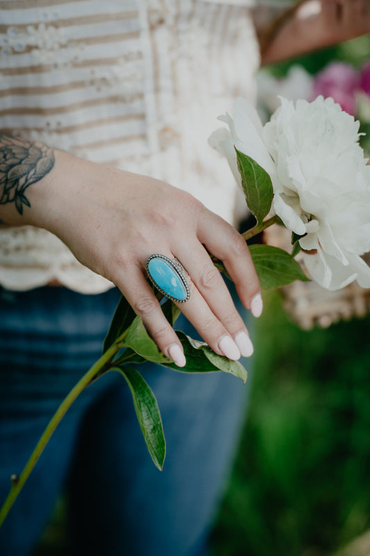 Blue Turquoise Ring with Beaded Boarder and Etched Band (Size 7)