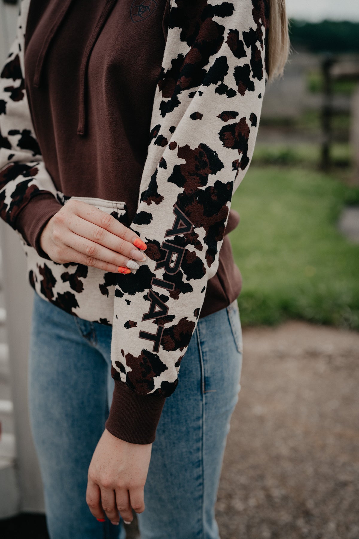'Carter' Women's Brown Cow Print Hoodie by Ariat
