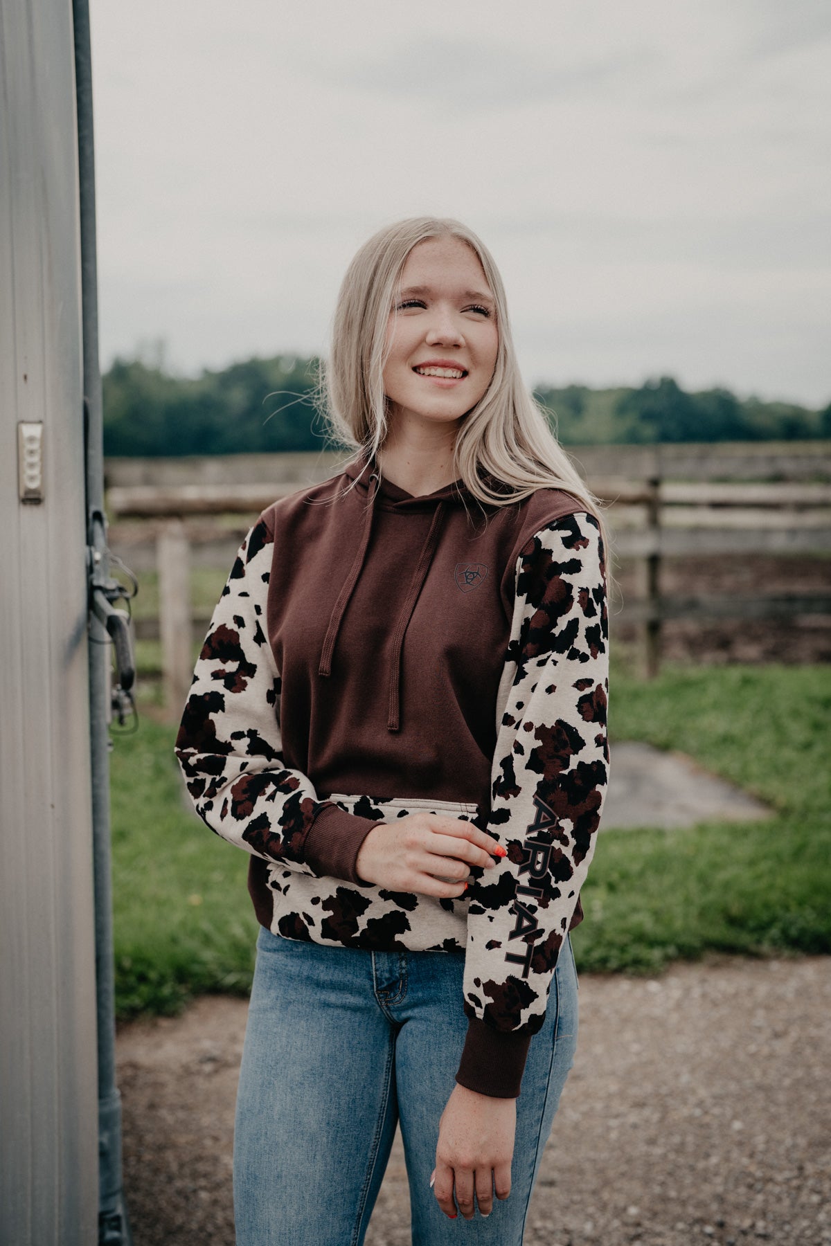 'Carter' Women's Brown Cow Print Hoodie by Ariat