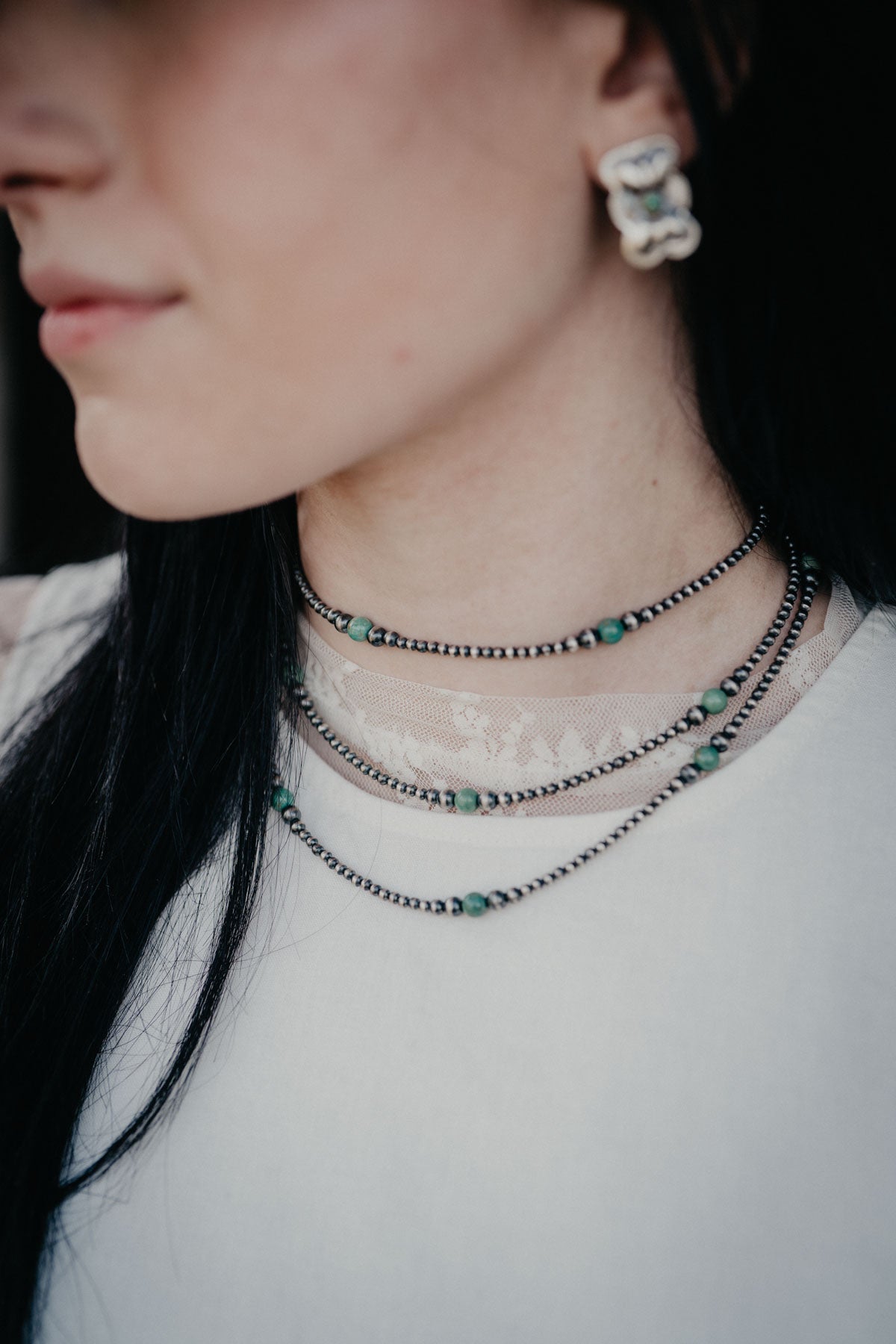 Graduated Navajo Pearl Necklace with Green Turquoise Accents (Various Lengths)