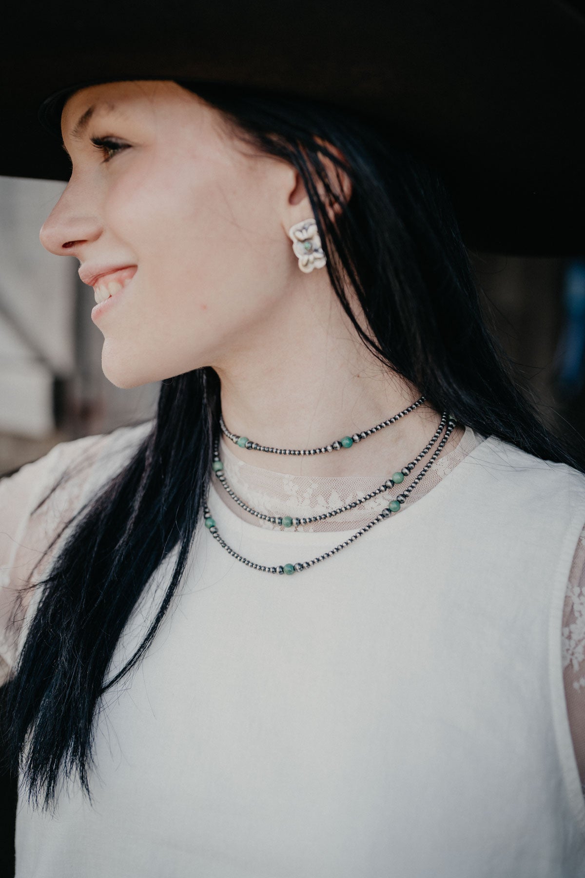 Graduated Navajo Pearl Necklace with Green Turquoise Accents (Various Lengths)
