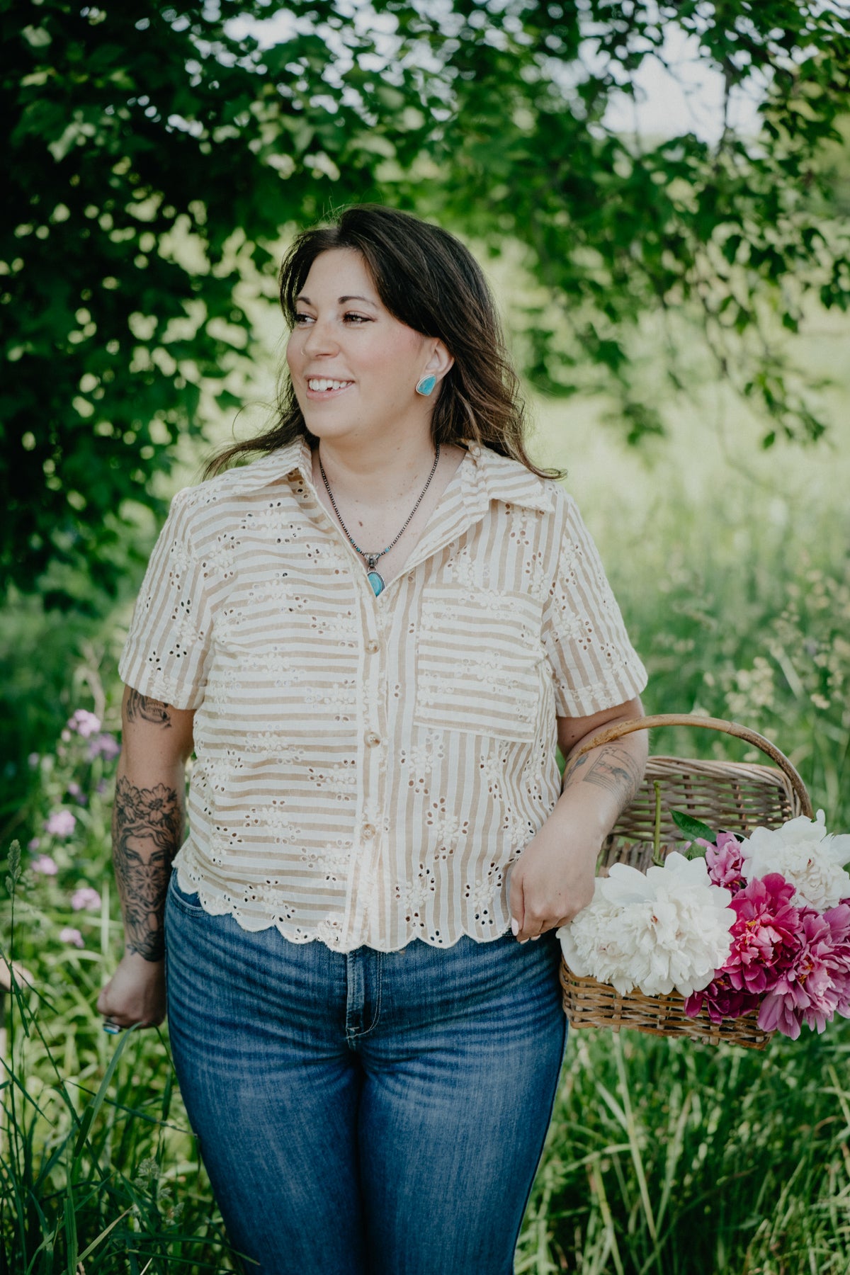 'Cheyanne' Tan Pin Stripe Eyelet Embroidered Top (S-L)