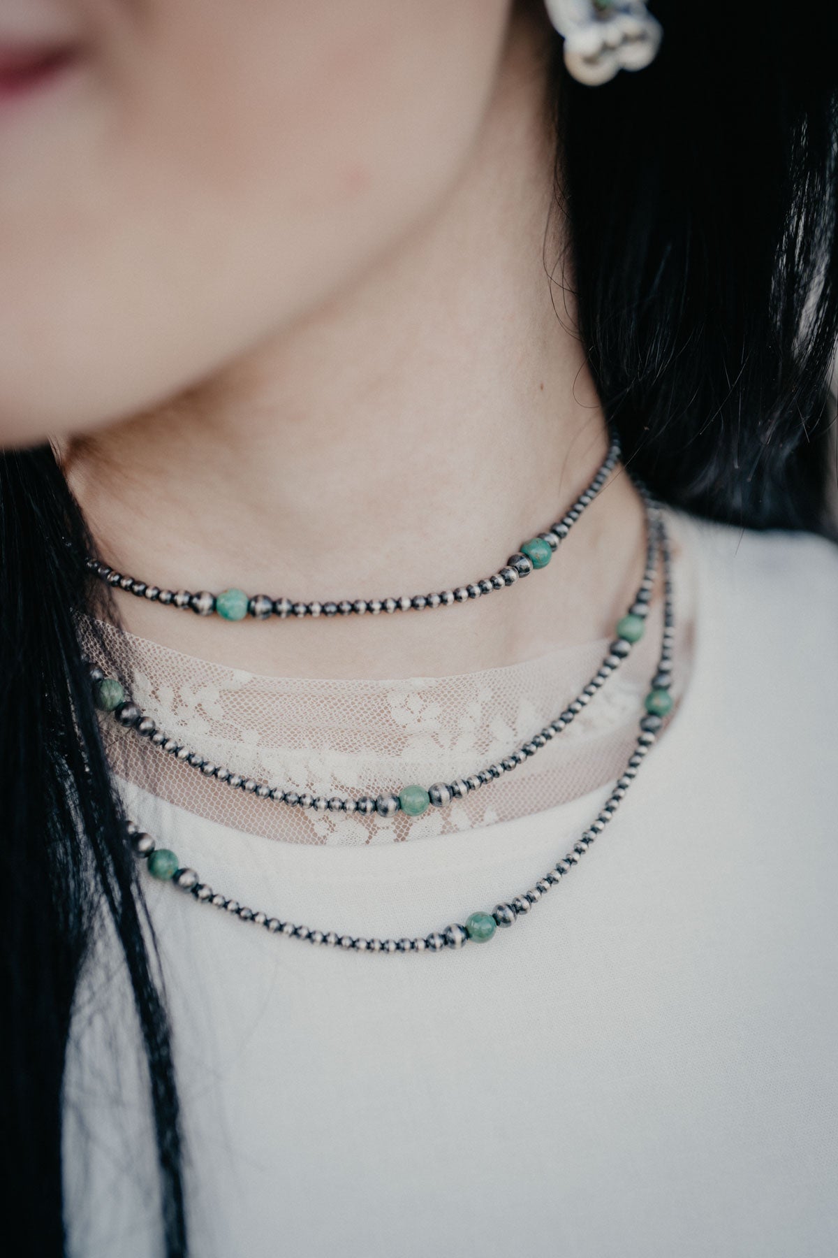 Graduated Navajo Pearl Necklace with Green Turquoise Accents (Various Lengths)