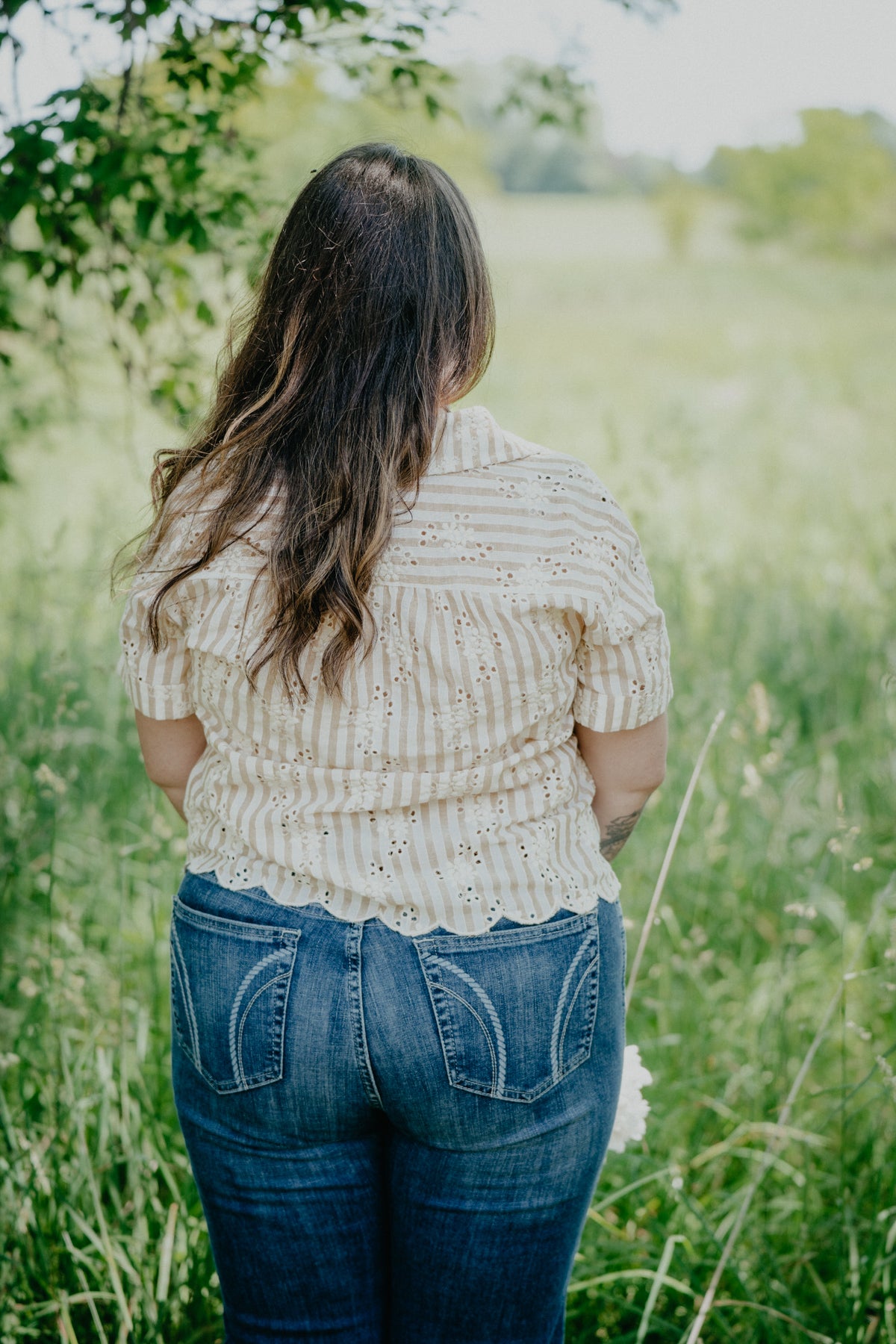 'Cheyanne' Tan Pin Stripe Eyelet Embroidered Top (S-L)