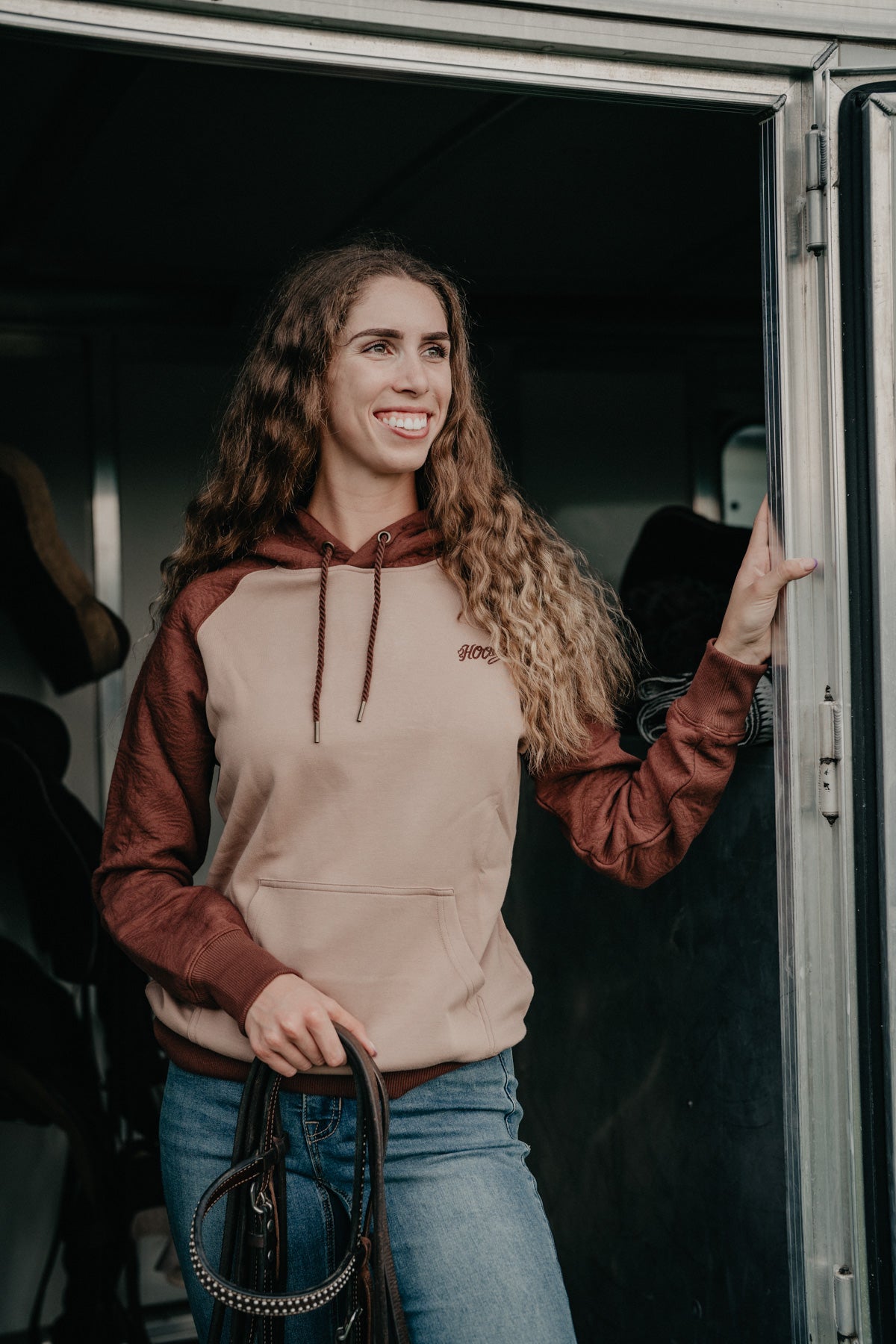 'Dolly' Women's Tan Hoodie with Brown Leather Pattern on Sleeve by HOOEY