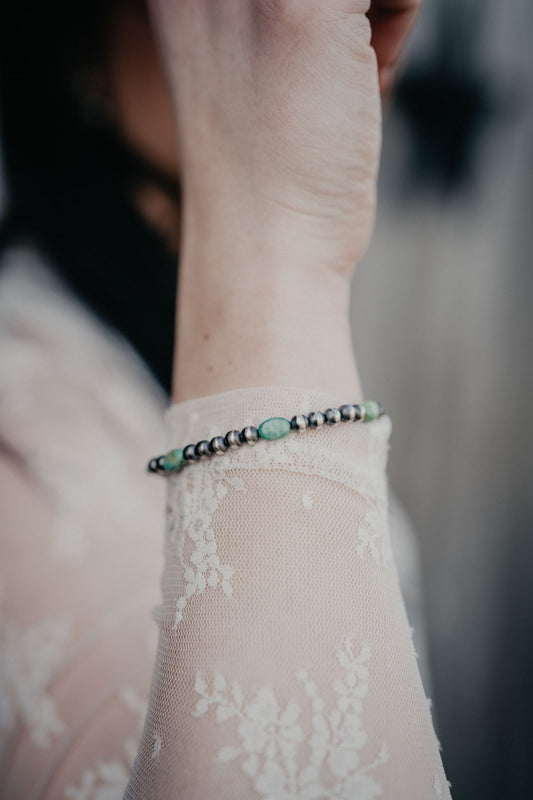 Sterling Silver Bead & Green Turquoise Bracelet