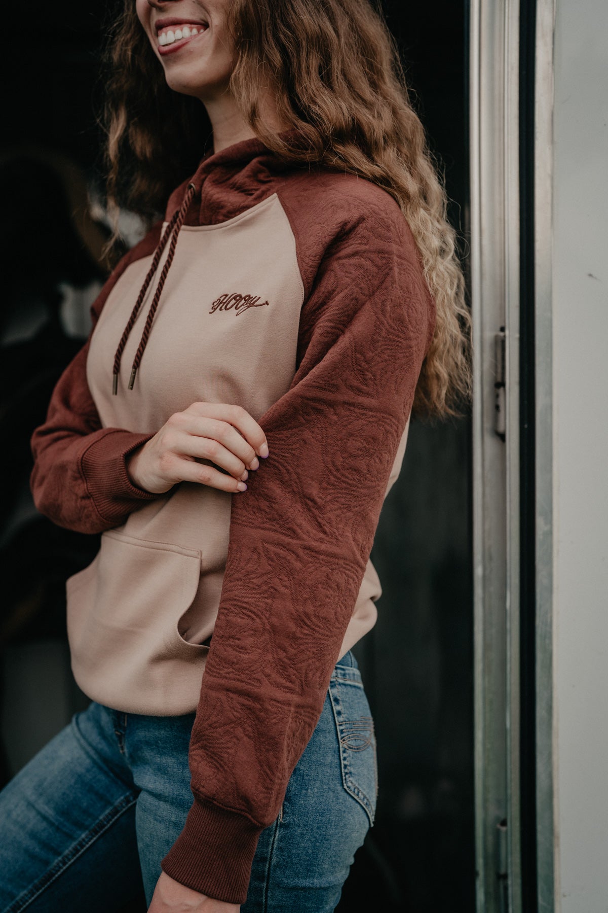 'Dolly' Women's Tan Hoodie with Brown Leather Pattern on Sleeve by HOOEY