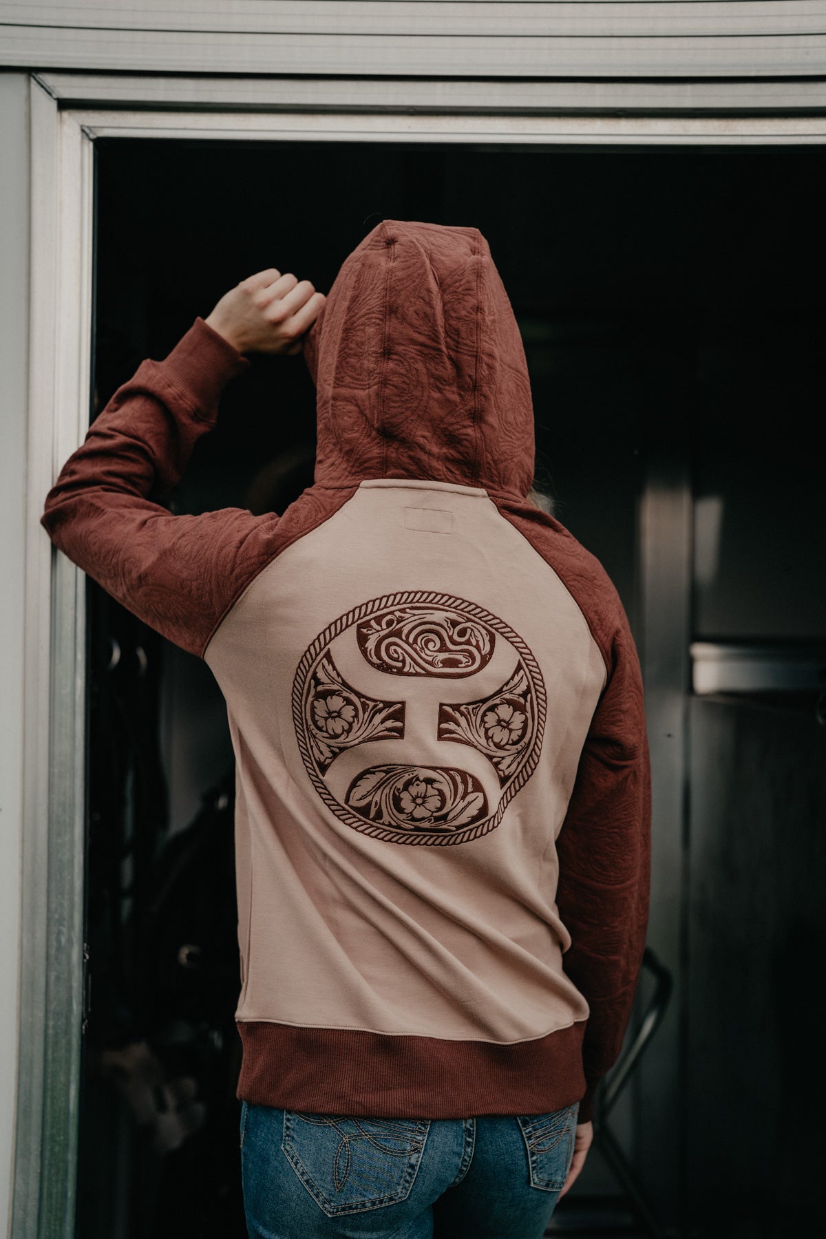 'Dolly' Women's Tan Hoodie with Brown Leather Pattern on Sleeve by HOOEY