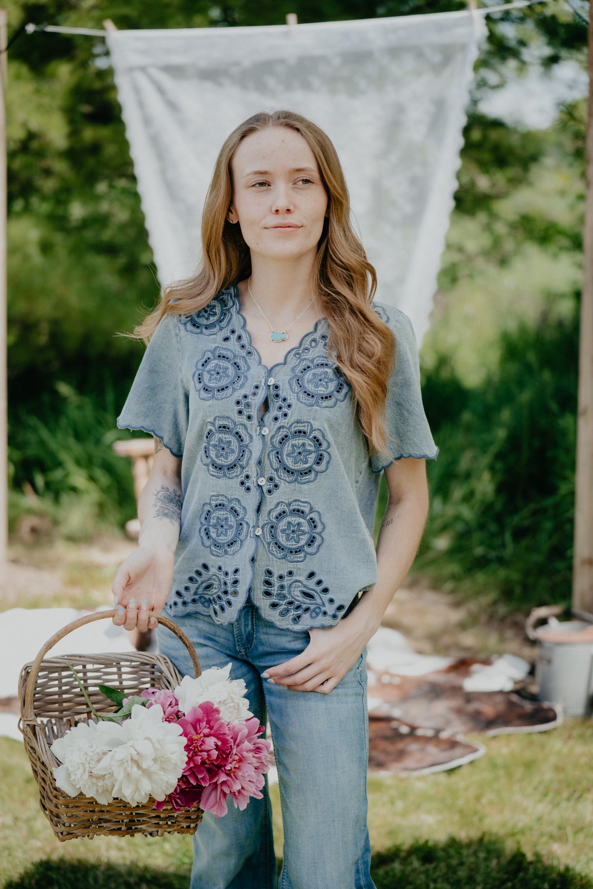 'Peony' Short Sleeve Denim Washed Embroidered Blouse (S-L)