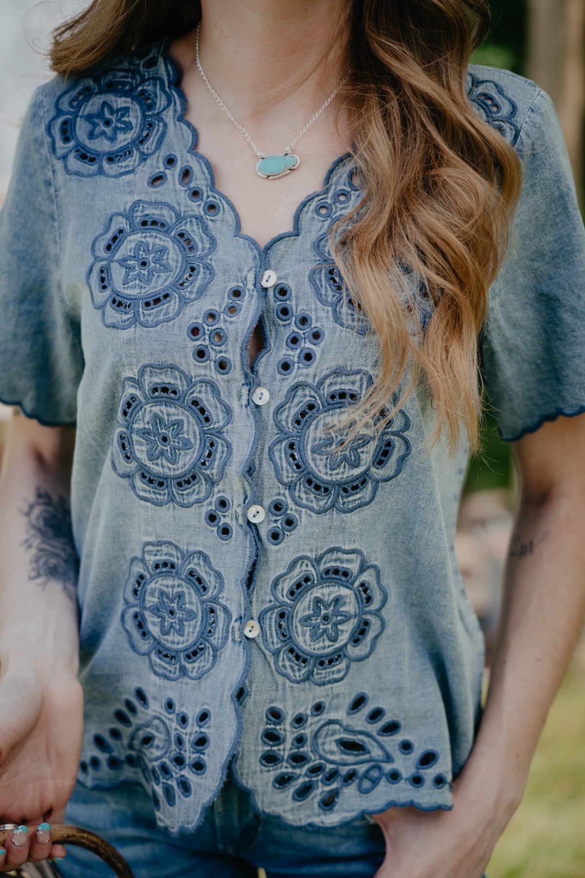 'Peony' Short Sleeve Denim Washed Embroidered Blouse (S-L)